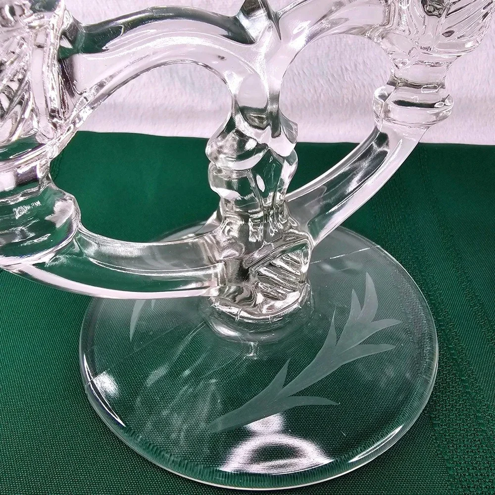 Pair Vintage Etched Glass Taper Candle Holders Double Arm Candelabra Crystal‎